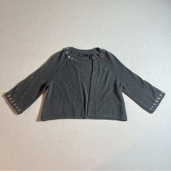 Y2K Lord & Taylor 100% Cashmere 2-Ply Rhinestone Cropped Cardigan in Grey, XS - Picture 1 of 8